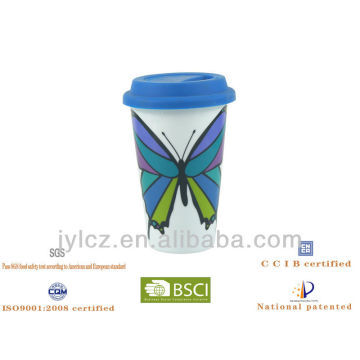 280cc ceramic double wall coffee mug with silicon lid